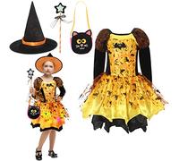 Cloudkids - Disfraz de Halloween para niña brillante, disfraz de bruja infantil, vestido+sombrero+varita mágica+bolsa de caramelo Cosplay (10-12 años)