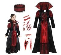 Cloudkids Disfraz Vampiresa de Niña 10-12 Años, Halloween Disfraz de Vampiro Niña Chica, Talla XL, Color Rojo y Negro