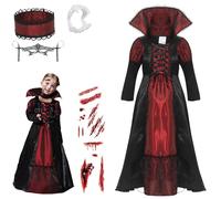 Cloudkids Disfraz Vampiresa de Niña 3-4 Años, Halloween Disfraz de Vampiro Niña Chica, Talla S, Color Rojo y Negro