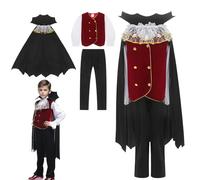 Cloudkids - Disfraz Vampiro para Niños Halloween Disfraces Twilight Vampiros Ropa Pantalones Capa Crepúsculo Regalo para Halloween Carnaval 7-9 Años
