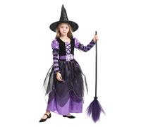 Cloudkids traje de bruja niña - Halloween traje de vestir con sombrero y cinturón de carnaval para niños traje de cosplay + escoba (4-6 años)