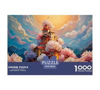 Clouds and Pink Peach Blossoms 1000 Pcs Cartón Fuerte Rompecabezas Cherry Blossom Village Liberador De Estrés Juego Creativo Puzzle para Niños Pequeños 38x26cm/1000pcs