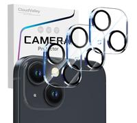 CloudValley 3 Unidades Protector de Lente Cámara para iPhone 15 y iPhone 15 Plus, Accesorios Cristal Templado 9H Dureza, HD Transparente Vidrio Metal Protector, Claro + Círculo negro