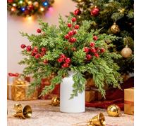 CloudValley 50 Flores Artificiales Navideñas con Vaso Decorativo, Tallos Bayas Rojas y Ramas Pino Norfolk, Ramilletes Perennes, Ideal para Árboles Navideños, Decoración Hogar Invernal