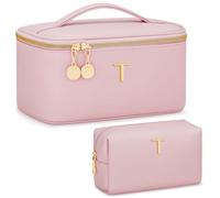 CLOUDWINGS Bolsa de maquillaje personalizada con inicial, regalo para mujeres, organizador de cosméticos de viaje grande con asa y divisor, bolsa de aseo de piel sintética para niñas, juego de regalo