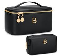 CLOUDWINGS Bolsa de maquillaje personalizada con inicial, regalo para mujeres, organizador de cosméticos de viaje grande con asa y divisor, bolsa de aseo de piel sintética para niñas, juego de regalo