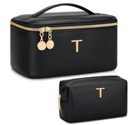 CLOUDWINGS Bolsa de maquillaje personalizada con inicial, regalo para mujeres, organizador de cosméticos de viaje grande con asa y divisor, bolsa de aseo de piel sintética para niñas, juego de regalo