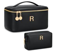 CLOUDWINGS Bolsa de maquillaje personalizada con inicial, regalo para mujeres, organizador de cosméticos de viaje grande con asa y divisor, bolsa de aseo de piel sintética para niñas, juego de regalo