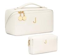 CLOUDWINGS Regalos para el día de San Valentín para mujeres, adolescentes, juego de bolsas organizadoras de maquillaje con inicial, bolsa de cosméticos de viaje plana abierta con divisor transparente