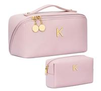 CLOUDWINGS Regalos para el día de San Valentín para mujeres, adolescentes, juego de bolsas organizadoras de maquillaje con inicial, bolsa de cosméticos de viaje plana abierta con divisor transparente