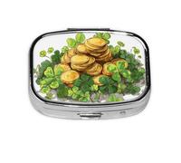 Clover - Pastillero cuadrado para monedas doradas, mini organizador de medicamentos de viaje de metal, 2 compartimentos, portátil, pequeño estuche de almacenamiento