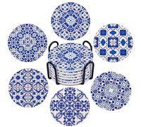 CLOVER Posavasos con soporte, posavasos de cerámica estilo porcelana azul y blanca para protección de mesa, juego de 6 posavasos absorbentes de 4 pulgadas, adecuado para tipos de tazas, mesa de madera