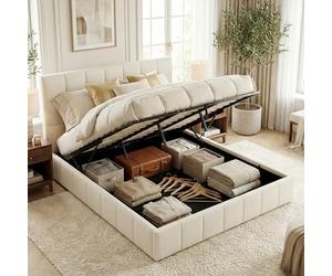 CLP Cama tapizada con Almacenamiento Ladia, Estructura para colchón, somier con Mecanismo de elevación, Cama Doble con tapizado, hasta 300 kg, Color:Crema, Tamaño:180 cm