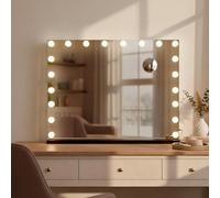 CLP Espejo de Maquillaje con Iluminación 80x60 cm Norlina, Altavoz Bluetooth, USB, Estilo Hollywood, Montaje en Pared o de Pie, Color:Negro, Contenido del Set:con Bluetooth