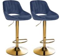 CLP Juego de 2 taburetes de Bar Milet con Terciopelo, Regulables en Altura, giratorios, con Respaldo Color Azul Material del Soporte Oro metálico