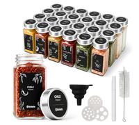 CLP Juego de 24 Botes de Especias Cuadrados 120ml, Especieros de Cristal con Tapas, Etiquetas, Embudo y Cepillo de Limpieza, Color:Plata, Material:Metal