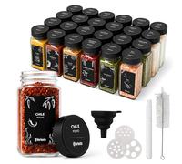 CLP Juego de 24 Botes de Especias Cuadrados 120ml, Especieros de Cristal con Tapas, Etiquetas, Embudo y Cepillo de Limpieza, Color:Negro, Material:Plastico