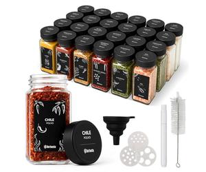 CLP Juego de 24 Botes de Especias Cuadrados 120ml, Especieros de Cristal con Tapas, Etiquetas, Embudo y Cepillo de Limpieza, Color:Negro, Material:Plastico