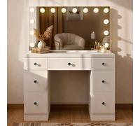 CLP Lerona - Tocador con espejo de Hollywood, iluminación LED, 7 cajones, puertos USB, blanco