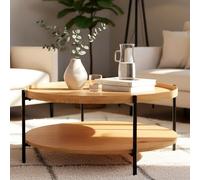 CLP Mesa de Centro Redonda de Madera Corbitan, mesita de salón de 2 Niveles con Almacenamiento, Estructura de Metal Negro pequeña, Color:Natura, Tamaño:Ø 80 cm