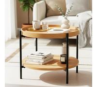 CLP Mesa de Centro Redonda de Madera Corbitan, mesita de salón de 2 Niveles con Almacenamiento, Estructura de Metal Negro pequeña, Color:Natura, Tamaño:Ø 50 cm