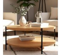 CLP Mesa de Centro Redonda de Madera Edduma, Mesa de sofá de 2 Niveles con Almacenamiento, pequeña Mesa Auxiliar con Estructura de Metal Negra, Color:Natura, Tamaño:Ø 80 cm