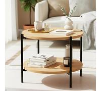 CLP Mesa de Centro Redonda de Madera Edduma, Mesa de sofá de 2 Niveles con Almacenamiento, pequeña Mesa Auxiliar con Estructura de Metal Negra, Color:Natura, Tamaño:Ø 50 cm