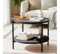 CLP Mesa de Centro Redonda de Madera Edduma, Mesa de sofá de 2 Niveles con Almacenamiento, pequeña Mesa Auxiliar con Estructura de Metal Negra, Color:Gris, Tamaño:Ø 50 cm