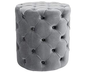 CLP Puff Redondo de Terciopelo Drancy, Acolchado con Botones Decorativos, Estilo Chesterfield, para Sala de Estar o Dormitorio | Color Gris Tamaño M