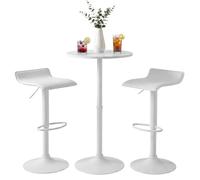 CLP Set de Mesa Alta de Bar con 2 taburetes Lumo, Mesa Redonda de 60 cm, taburetes Regulables en Altura y giratorios con reposapiés | Color Blanco