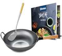 CLP Juego de Wok con libro de recetas y espátula I Sartén Wok de acero al carbono para diferentes tipos de cocina, Forma:plano