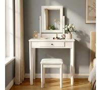 CLP Tocador Velia con Taburete y Espejo, Mesa de Maquillaje con Cajon, Asiento Acolchado, Estructura de Madera de chopo, Color:Blanco