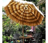 CLSDRZC 2M Outdoor Garden Sunshade Beach Round Courtyard Parasol, Tiltable, Simulation Straw Nylon Lining + Iron Umbrella Pole, UV Protection