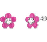 CLSDRZC 925 Sterling Silver Pink Flower Stud Earrings Blooming Flowers with Brilliant CZ Ear Studs for Women Jewelry Gift
