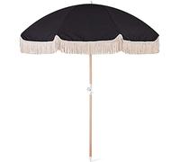CLSDRZC Black Beach Umbrella Sand Anchor and Wood Rod, Outdoor 2m Sun Shade Patio Parasol, Windproof UV 50+ Heavy Duty with Fringe