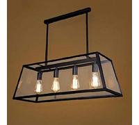 CLSDRZC Black Square Iron Glass Four Light Source Retro Creative Bedroom Living Room Dining Room Study Chandelier/Ceiling Lamp/Lamp