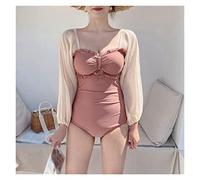 CLSDRZC Chiffon Long Sleeve One Piece Swimsuit Ladies Pure Pink Swimsuit Lace Ruffle Swimsuit Tube Tops Plain Swimsuit