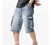 CLSDRZC Denim Shorts Men's Loose Casual Hip-Hop Cropped Pants Summer Streetwear Jeans Multi-Pocket Cargo Pants