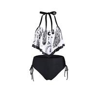 CLSDRZC Feather Print Flounce Overlay Cinched Halter Tankini Swimsuit Swimming Bathing Suit Biquini Set Femme Bikini