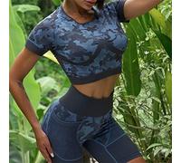 CLSDRZC Hollow Camouflage Short-Sleeved Sports Top Women's Seamless Tight Yoga Shorts Set