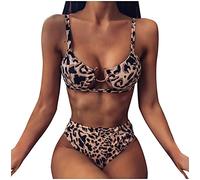CLSDRZC Leopard Printed Women Buckle Bikini Swimming Set 2025 Summer Push-Up Padded Swimwear High Waist