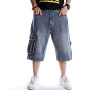 CLSDRZC Mens Plus Size Loose Baggy Denim Short Men Jeans Streetwear Hip Hop Long Cargo Shorts Pocket Male Blue