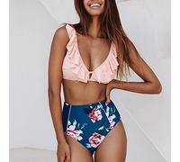 CLSDRZC Pink and Blue Floral Ruffled High-Waist Bikini Sets Swimsuit Women Tank Two Pieces Swimwear 2025 Beach Bathing Suits