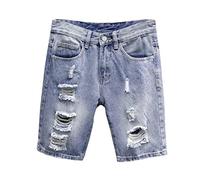 CLSDRZC Summer Men's Ripped Light Blue Denim Shorts Jeans Five-Point Pants Loose Straight-Leg Pants