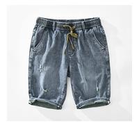CLSDRZC Summer Spring Men Denim Shorts Thin Trend Elastic Waist Tie Straight Loose Five-Point Pants Gray Blue Workwear