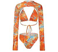CLSDRZC Three Piece Bikini Set Long Sleeve Bikini Cover Up Swimwear Women Swimwear Print Swimsuit Beachwear
