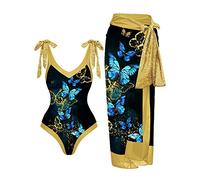 CLSDRZC Vintage V-Neck Butterfly Colorblock Print One Piece Swimsuit Set Swimwear Women