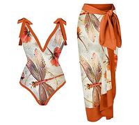 CLSDRZC Women One Piece Swimsuit with Skirt Orange Print Female Retro Swimwear Holiday Beach Dress