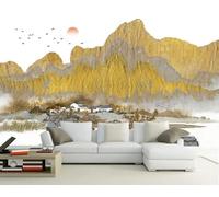 CLVIUJLBKLKSDD Papel Pintado Fotográfico Montañas Doradas 200cmx140cm Paisajes De Montaña Pueblos Y Ríos De Estilo Chino Fotomurales Tapiz Decoración Dormitorio Sala Estar Papel Pintado