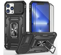 CLYDITE para Funda iPhone 14 Pro Carcasa Silicona Negro con Cristal Templado [2 Piezas] Cubierta de cámara Deslizante TPU 360 Grados Anillo Giratorio Soporte Coche